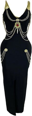 Women's Black Bandage Dress Summer Chain V-Neck Slit Club Party Long Dress in Saudi Arabia