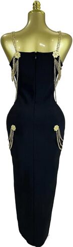 Women's Black Bandage Dress Summer Chain V-Neck Slit Club Party Long Dress in Saudi Arabia
