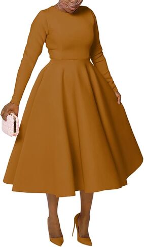 فساتين ماكسي لضيف حفل زفاف خريف 2025 للسيدات، فستان ماكسي متأرجح عتيق بأكمام طويلة ورقبة دائرية in Kuwait