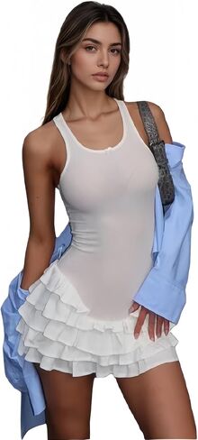 Tank Ruffle Mini Dress Basque Waist Summer Y2k Sleeveless Bodycon Sexy Sundress Boat Neck Flowy Vacation Outfits in Kuwait