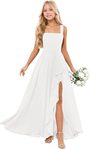 Junior Bridesmaid Dresses Square Neck Ruffle Flower Girl Dress Chiffon A Line Wedding Party Gown in Kuwait