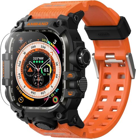 amBand Compatible with Apple Watch Ultra 2/Ultra Bands Case 49mm for Men, M3 Rugged Cover Military Sport Strap with Glass Screen Protector, Heavy Duty Protective Bumper for iWatch 49 mm - Matte Black in Kuwait