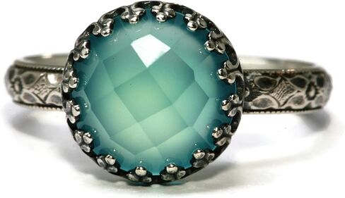 Salish Sea Inspirations 10mm Aqua Chalcedony Ring Symmetrical Flower Crown Vintage Silver (Rose Cut) in Kuwait