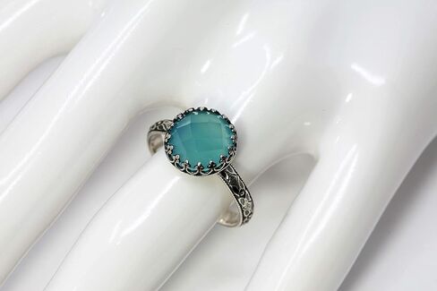Salish Sea Inspirations 10mm Aqua Chalcedony Ring Symmetrical Flower Crown Vintage Silver (Rose Cut) in Kuwait