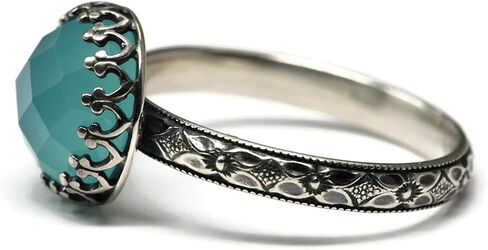 Salish Sea Inspirations 10mm Aqua Chalcedony Ring Symmetrical Flower Crown Vintage Silver (Rose Cut) in Kuwait