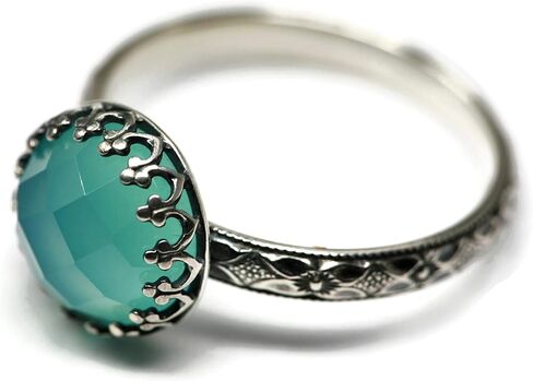 Salish Sea Inspirations 10mm Aqua Chalcedony Ring Symmetrical Flower Crown Vintage Silver (Rose Cut) in Kuwait
