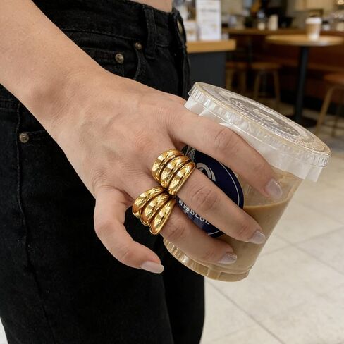 Chunky Statement Ring for Women, Gold Plated Triple Band Open Adjustable Dome Wide Multi Row Ring, Chunky Bold High Polished Jewelry Gifts for Party Birthday in Kuwait