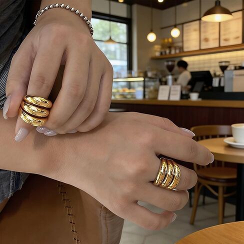 Chunky Statement Ring for Women, Gold Plated Triple Band Open Adjustable Dome Wide Multi Row Ring, Chunky Bold High Polished Jewelry Gifts for Party Birthday in Kuwait