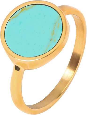 Malachite/Turquoise Rings for Women 18K Gold Plated Round Gemstone Slice Ring Malachite Turquoise Jewelry Gift Size 6-9 in Saudi Arabia