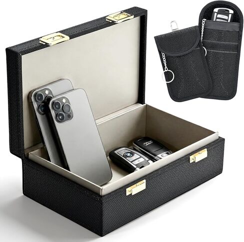 صندوق فاراداي لمفاتيح السيارة و2 حقيبتين فاراداي، صندوق مانع إشارة مفتاح فوب، صندوق حجب Rfid ممتاز وحقيبة Rfid، قفص حماية لمفتاح السيارة بدون مفتاح، أسود - 8.38 بوصة × 5.15 بوصة × 2.76 بوصة in Kuwait