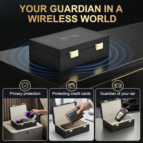 صندوق فاراداي لمفاتيح السيارة و2 حقيبتين فاراداي، صندوق مانع إشارة مفتاح فوب، صندوق حجب Rfid ممتاز وحقيبة Rfid، قفص حماية لمفتاح السيارة بدون مفتاح، أسود - 8.38 بوصة × 5.15 بوصة × 2.76 بوصة in Kuwait
