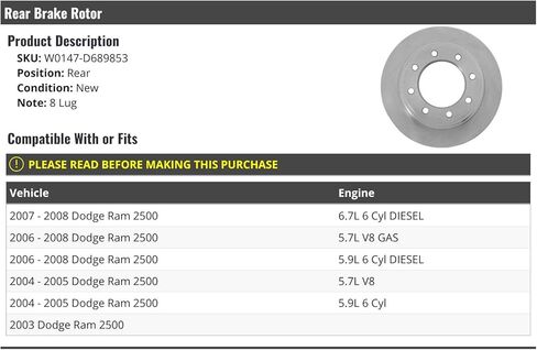 Rear Brake Rotor - 8 Lug - Compatible with 2003-2008 Dodge Ram 2500 in Saudi Arabia