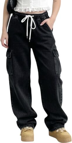 Women's Cargo Jeans Casual Baggy Denim Pants Mid Waisted Elastic Waist with Drawstring Design Trousers Cute Y2K in Saudi Arabia