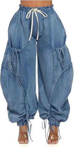 Women's Barrel Pants Y2k Baggy Cargo Jeans High Waisted Bow Tie Denim Pants with Drawstring Streetwear in Kuwait