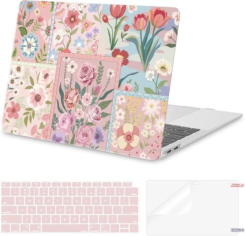 حافظة MOSISO متوافقة مع جهاز MacBook Air 13 بوصة 2022 2021 2020 2019 2018 الإصدار A2337 M1 A2179 A1932 معرف اللمس، حافظة بلاستيكية صلبة واقية من الزهور المقسمة وغطاء لوحة المفاتيح وفيلم شاشة، وردي in Kuwait
