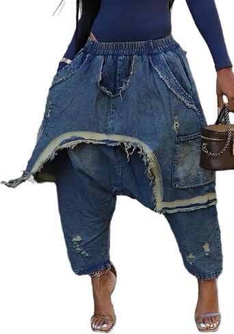 Vaceky Baggy Harem Jeans Women Dubble Layer Y2K Cargo Barrel Pants Streetwear in Kuwait