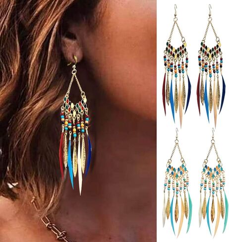 Gold Beaded Feather Earrings Boho Bead Tassel Dangling Earrings Set Western Ethnic Earring Women Jewelry for Birthday Party Gifts in Saudi Arabia