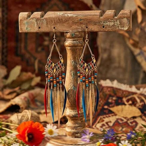 Gold Beaded Feather Earrings Boho Bead Tassel Dangling Earrings Set Western Ethnic Earring Women Jewelry for Birthday Party Gifts in Saudi Arabia