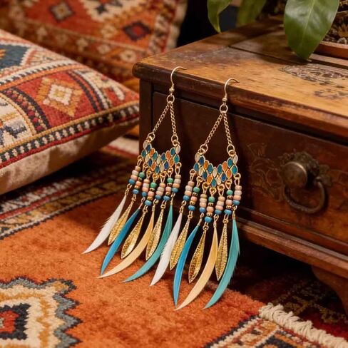 Gold Beaded Feather Earrings Boho Bead Tassel Dangling Earrings Set Western Ethnic Earring Women Jewelry for Birthday Party Gifts in Saudi Arabia