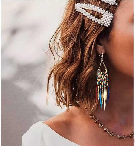 Gold Beaded Feather Earrings Boho Bead Tassel Dangling Earrings Set Western Ethnic Earring Women Jewelry for Birthday Party Gifts in Saudi Arabia