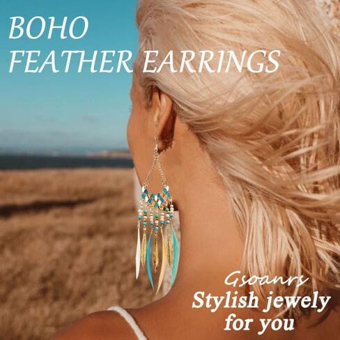 Gold Beaded Feather Earrings Boho Bead Tassel Dangling Earrings Set Western Ethnic Earring Women Jewelry for Birthday Party Gifts in Saudi Arabia