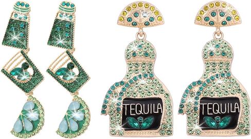 2 Pairs Tequila Earrings for Women Trendy Tequila Wine Glass Earrings Rhinestone Lime Tequila Wine Bottle Ear-rings Birthday Wedding Prom Holiday Party Jewelry Accessories in Saudi Arabia
