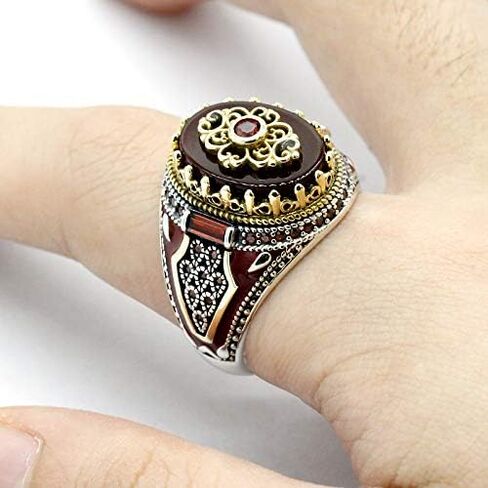 Qida S925 ختم فضة الجزع/اللازورد الدائري للرجال الإناث التركية اليدوية خمر الفرقة الفاخرة in Kuwait