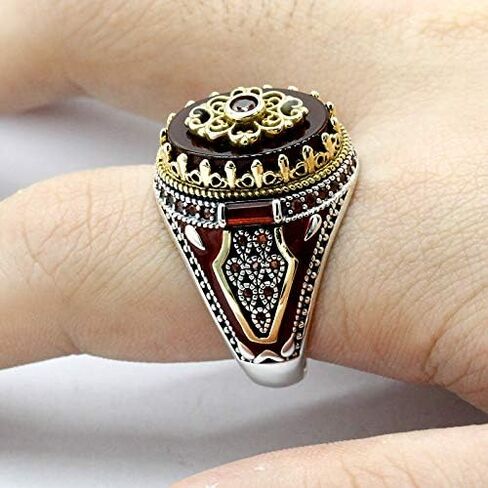 Qida S925 ختم فضة الجزع/اللازورد الدائري للرجال الإناث التركية اليدوية خمر الفرقة الفاخرة in Kuwait