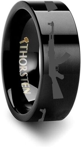 AK-47 Print Design AK47 Ring Engraved Flat Tungsten Black Ring in Saudi Arabia