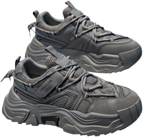 Men's Chunky Platform Sneakers - Retro Athletic Lace-Up Shoes with Cushioned PVC Sole, All-Season Casual, Breathable Synthetic Cover & Mesh Upper Gym Footwear, Sporty Look in Kuwait