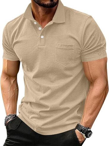 Mens Polo T Shirts Athletic Short Sleeve Golf Shirt Moisture Wicking Classic Collared Button Clothes with Pocket in Kuwait
