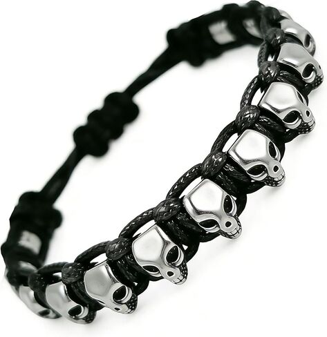 Adjustable Skull Bracelet for Men & Women, Gothic Rock Punk Wrist Bracelet with Stainless Steel Skull Beads, Skeleton Style Wristband Jewelry Gift,skeleton hand jewelry in Saudi Arabia
