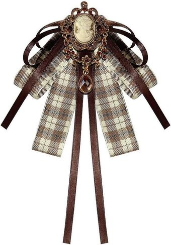 Vintage Checkered Ladies Bow Pre-Tied Brooch for Women Elegant Rhinestone Cameo Satin Fabric Ribbon Neck Tie Brooches Lapel Pins Christmas Wedding Prom Party Costume Bow Tie Winter Dress Accessories in Saudi Arabia