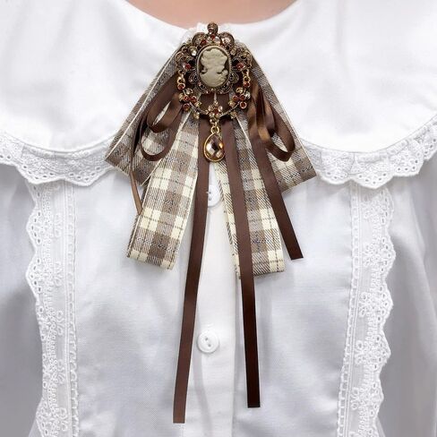 Vintage Checkered Ladies Bow Pre-Tied Brooch for Women Elegant Rhinestone Cameo Satin Fabric Ribbon Neck Tie Brooches Lapel Pins Christmas Wedding Prom Party Costume Bow Tie Winter Dress Accessories in Saudi Arabia