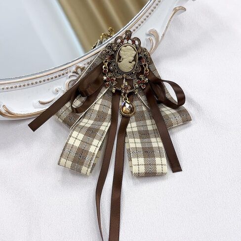 Vintage Checkered Ladies Bow Pre-Tied Brooch for Women Elegant Rhinestone Cameo Satin Fabric Ribbon Neck Tie Brooches Lapel Pins Christmas Wedding Prom Party Costume Bow Tie Winter Dress Accessories in Saudi Arabia
