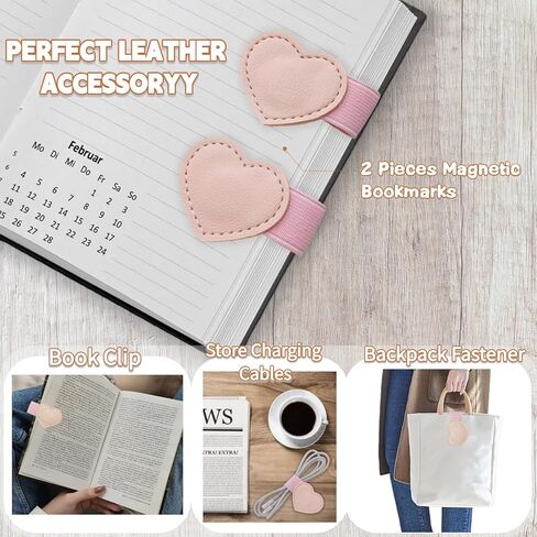 علامات مغناطيسية على شكل قلب من الجلد مع حامل أقلام - قطعتين من علامات الكتب اللطيفة من Winjeto لقراءة إكسسوارات النساء والأطفال، هدايا لمحبي الكتب للأصدقاء والمدرسين واللوازم المكتبية مع صندوق هدايا، وردي in Kuwait