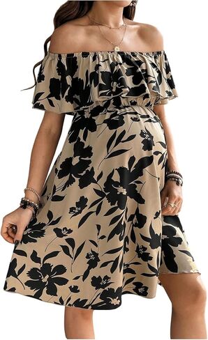 SHENHE Women's Off The Shoulder Maternity Dress Ruffle Floral Flowy Boho Dress for Photoshoot in Saudi Arabia