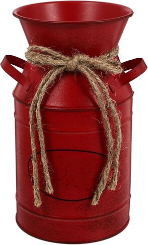 Veemoon Rustic Milk Can Decor Shabby Chic Vase Farmhouse Vase Decorative Metal Jug Pitcher for Wedding Home Living Room Bathroom Dining Table Desk Office Decor Red Bucket Red Flower, 7.47 INCH in Saudi Arabia