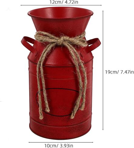 Veemoon Rustic Milk Can Decor Shabby Chic Vase Farmhouse Vase Decorative Metal Jug Pitcher for Wedding Home Living Room Bathroom Dining Table Desk Office Decor Red Bucket Red Flower, 7.47 INCH in Saudi Arabia