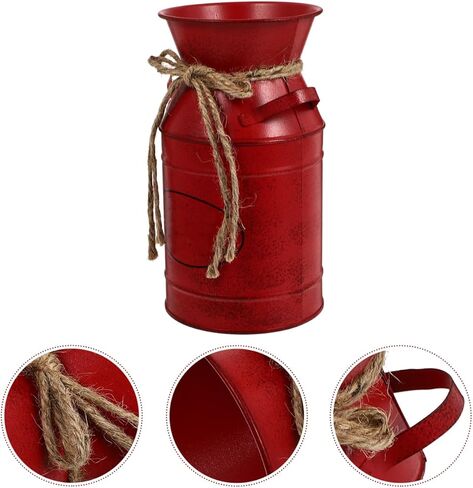 Veemoon Rustic Milk Can Decor Shabby Chic Vase Farmhouse Vase Decorative Metal Jug Pitcher for Wedding Home Living Room Bathroom Dining Table Desk Office Decor Red Bucket Red Flower, 7.47 INCH in Saudi Arabia