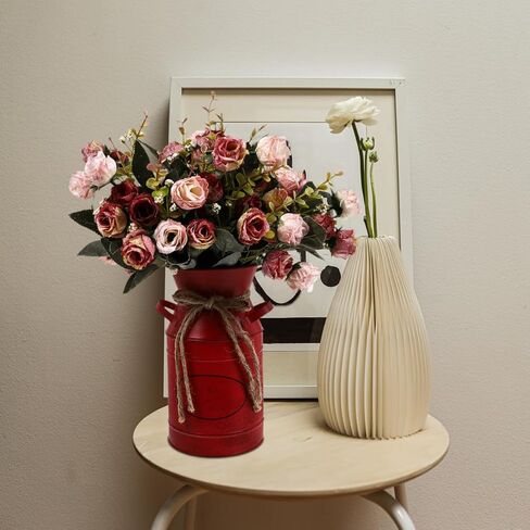 Veemoon Rustic Milk Can Decor Shabby Chic Vase Farmhouse Vase Decorative Metal Jug Pitcher for Wedding Home Living Room Bathroom Dining Table Desk Office Decor Red Bucket Red Flower, 7.47 INCH in Saudi Arabia