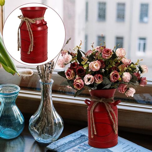 Veemoon Rustic Milk Can Decor Shabby Chic Vase Farmhouse Vase Decorative Metal Jug Pitcher for Wedding Home Living Room Bathroom Dining Table Desk Office Decor Red Bucket Red Flower, 7.47 INCH in Saudi Arabia