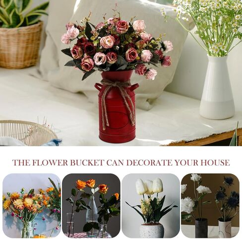 Veemoon Rustic Milk Can Decor Shabby Chic Vase Farmhouse Vase Decorative Metal Jug Pitcher for Wedding Home Living Room Bathroom Dining Table Desk Office Decor Red Bucket Red Flower, 7.47 INCH in Saudi Arabia