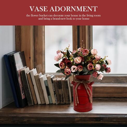 Veemoon Rustic Milk Can Decor Shabby Chic Vase Farmhouse Vase Decorative Metal Jug Pitcher for Wedding Home Living Room Bathroom Dining Table Desk Office Decor Red Bucket Red Flower, 7.47 INCH in Saudi Arabia