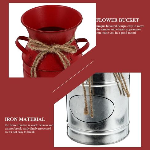 Veemoon Rustic Milk Can Decor Shabby Chic Vase Farmhouse Vase Decorative Metal Jug Pitcher for Wedding Home Living Room Bathroom Dining Table Desk Office Decor Red Bucket Red Flower, 7.47 INCH in Saudi Arabia