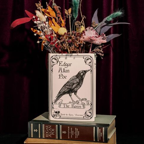 Steel Mill & Co Original Large Book-Shaped Decorative Vase, Ceramic Vases for Home Decor, Gothic Bookshelf Decor, Unique Vase for Book Lovers (The Raven - White) in Saudi Arabia