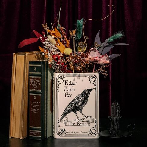 Steel Mill & Co Original Large Book-Shaped Decorative Vase, Ceramic Vases for Home Decor, Gothic Bookshelf Decor, Unique Vase for Book Lovers (The Raven - White) in Saudi Arabia