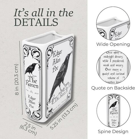 Steel Mill & Co Original Large Book-Shaped Decorative Vase, Ceramic Vases for Home Decor, Gothic Bookshelf Decor, Unique Vase for Book Lovers (The Raven - White) in Saudi Arabia