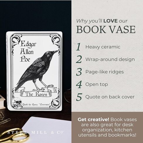 Steel Mill & Co Original Large Book-Shaped Decorative Vase, Ceramic Vases for Home Decor, Gothic Bookshelf Decor, Unique Vase for Book Lovers (The Raven - White) in Saudi Arabia