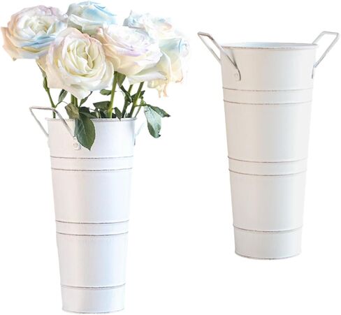 2 Pack Galvanized Metal Bucket with Handles, 9" Tall Farmhouse Vase for Dried Flowers, Pampas Grass, Utensil Holder for Kitchen, Bathroom & Entryway Decor. in Kuwait